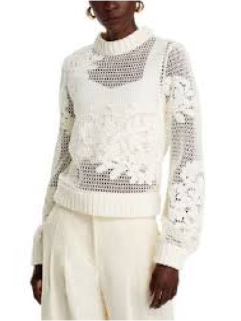 FARM Rio Cream Open-Knit Floral Appliqué Turtleneck Sweater